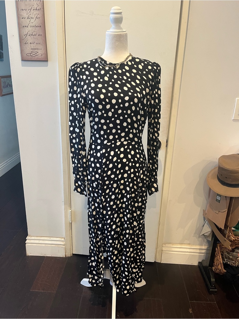 Reformation Black and White Long Sleeve Polka Dot Dress